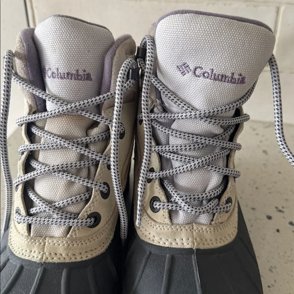 Columbia Snow King Women’s Leather Rubber Beige Gray Purple Snow Boots Size 6.5